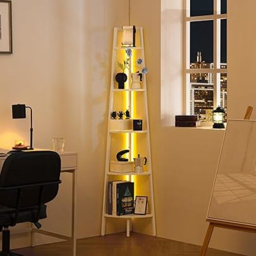 Yoobure Corner Shelf Stand, 5-Tier Bookshelf with LED Lights & Steel Frame, Tall Storage Shelves for Living Room, Bedroom, Office, Multi-Purpose Display Bookcase
