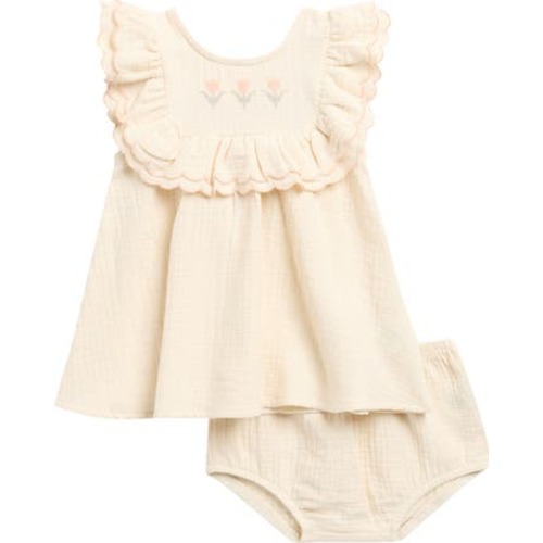 Lulu Scalloped Trim Ruffle Organic Cotton Dress with Bloomers, 3-6M