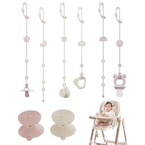 6 Pack Silicone Baby Toy Straps with 2 pcs Suction Cup Bases, Silicone Pacifier Holder, Toy Strap,Adjustable Toy Holder for Stroller Accessories, Car Seat, Highchair,Crib (B)