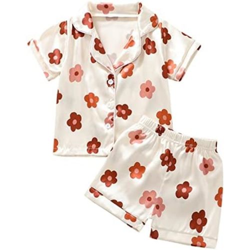 1-6Y Toddler Girls Floral Silk Pajamas Short Sleeve Button-Up Top Shorts Summer 2PC Flowers Satin Pajamas Set