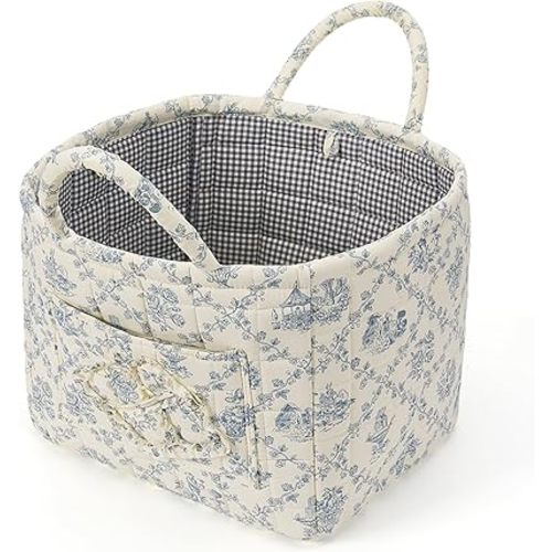 Floral Fabric Storage Basket Car Interior Storage Basket Underwear Sundries Laundry Baskets Supplies Home Organizer Bag (blue 2)
