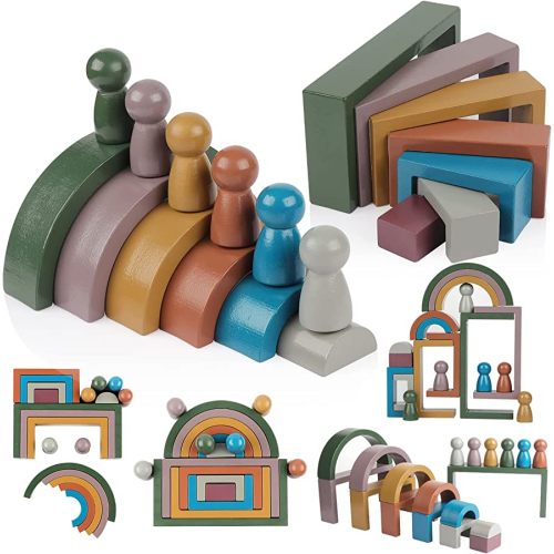 Arber Wooden Rainbow Stacking Montessori STEM Toy - Educational Learning Sensory Activity for Toddlers and Kids, Preschool Building Blocks Ages 1-2-3-4-5+ Years Old - 19 Pcs Gift Set