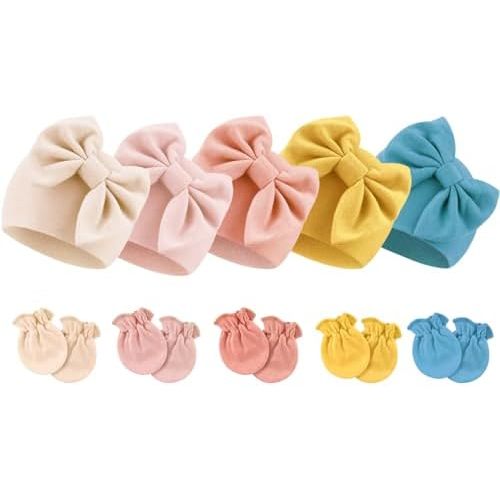 BQUBO Newborn Baby Girls Hats Mittens Set Hospital Hat Beanie Infant Bow Hats Baby Cotton Gloves No Scratch Mittens for 0-6 Months