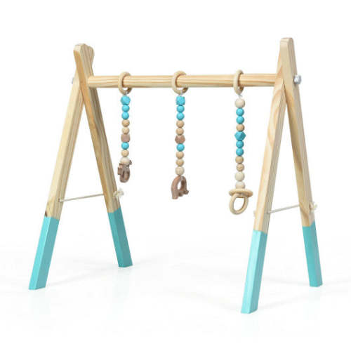 COSTWAY Portable 3 Wooden Newborn Baby Exercise Activity Gym Teething Toys Hanging Bar-Blue