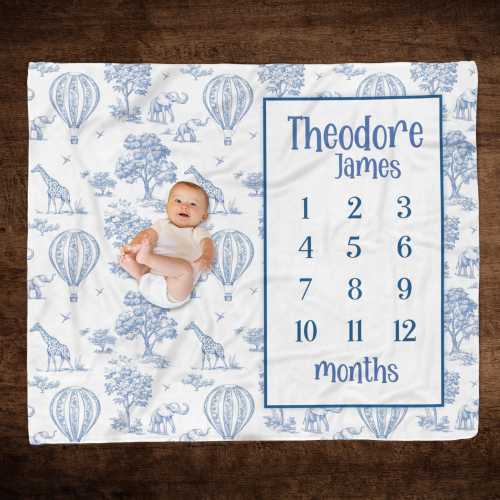 SAFARI TOILE MILESTONE Blanket, Baby Boy Blue Toile Safari Blanket, Elephant Giraffe Milestone, Personalized Safari Month Growth Milestone