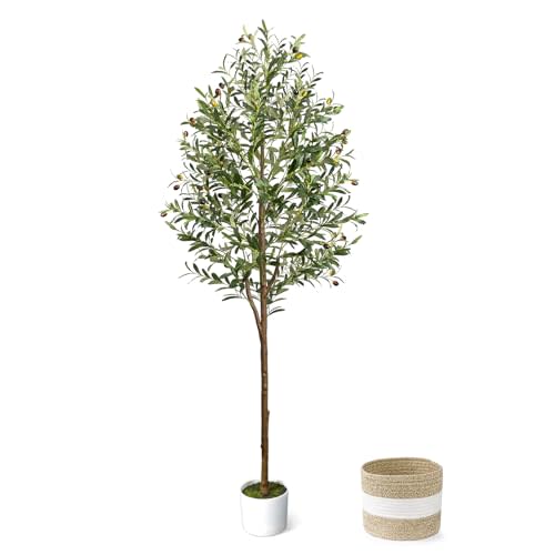 6FT Artificial Olive Tree Indoor Tall Faux with Planter&Basket | Large Fake Olive Silk Trees Realistic Olive Plants with Branches and Fruits for Home Decor Office Living Room
