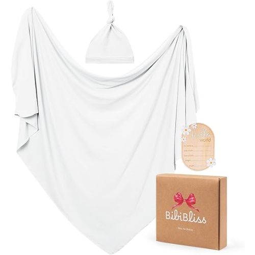 Stretchy Swaddle Blanket for Newborns with Hat & Hello World Card–Soft Baby Swaddles 0-3 Months,47"x 47"Supersoft Swaddle Blanket,Receiving Blanket for Boys & Girls (Cloud)