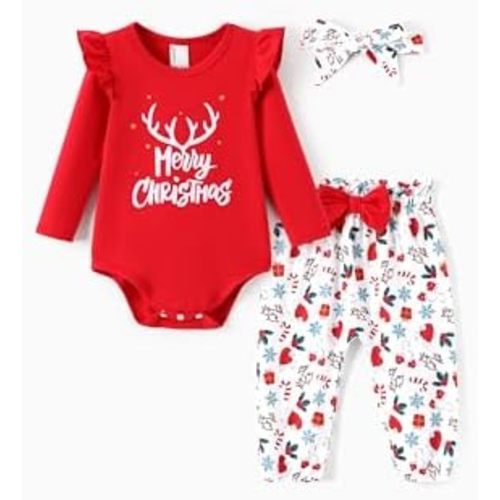 PATPAT Baby Girl Clothes Long Sleeve Ruffle Romper Pants Headband 3 Pieces Set Newborn Infant Outfits 0-24 Months