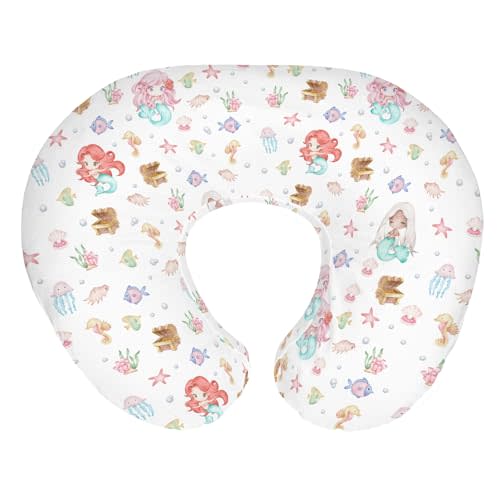 Cute Mermaids Baby Nursing Pillow Covers for Boy Girl Mystical Mermaids Fishes Sea Horse Jellyfish Nursing Pillowcase for Breastfeeding Pillows Ocean Animals Soft Stretchy Slipcovers for Newborn