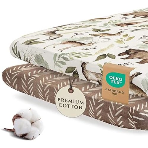 Pobibaby - 2 Pack Premium Pack N Play Sheets Fitted for Standard Pack and Plays and Mini Cribs - Ultra-Soft Cotton Blend, Stylish Woodland Pattern, Safe and Snug for Baby (Wildlife)