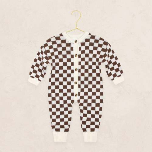 Knit Long Sleeve Onesie - Cocoa Checkered