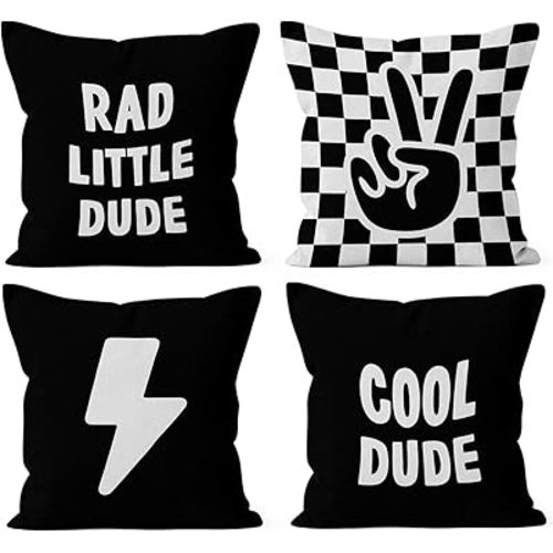 HIWX Rad Little Cool Dude Preppy Black and White Checkered Peace Sign Lightning Pillowcase Throw Pillow Cover, Trendy Preppy Decor for Sofa Bed Boy Teen Room Dorm, 18x18 Inch, Set of 4