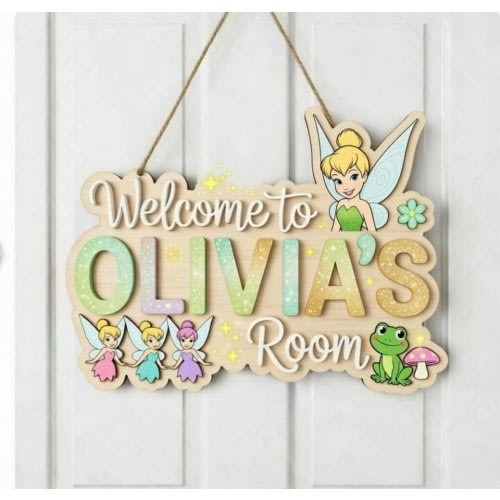 Personalized Tinkerbell Wooden Name Sign, Fairy Kids Room Door Sign, Custom Wooden Door Hanger, Tinkerbell Nursery Decor Gift