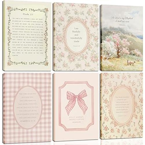 6Pcs Christian Nursery Wall Art Bible Verse Wall Decor Prints Jesus Religious Posters Pink Flower Bow Bible Verse Canvas Painting Kids Vintage Christian Boho Prints for Girls Bedroom Framed