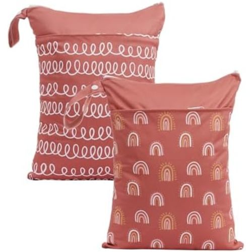 2pcs Wet Bags Waterproof Reusable Wet Dry Bag with Two Zippered Pockets Travel Beach Pool Daycare Yoga Gym Bag for Baby Cloth Diaper,Swimsuits,Wet Clothes (Circles & Arch Bridges)