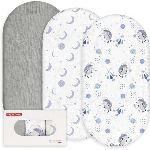 Gllquen Baby Muslin Bassinet Sheets 3 Pack, Breathable Elastic Cozy Fitted Cotton Bassinet Mattress Sheet for Baby Boy Girls, Fit for Hourglass Oval Rectangular Cradle Pad Sheets 33"x17" (Space)