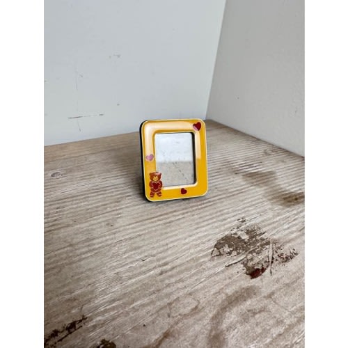 Vintage Teddy Bear Heart Enamel Picture Frame, Mini Yellow Photo Frame, Nursery Decor