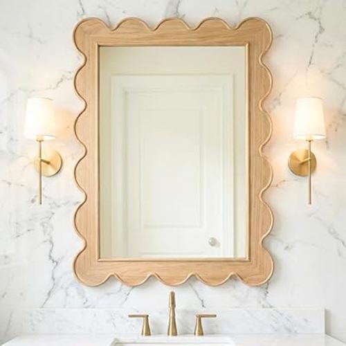 CAALMA Scalloped Wall Mirror 24 x 36 Rectangular, Bathroom Mirror, Mirrors for Wall Decor, Wooden Frame Mirrors for Wall, Decorative Vanity Mirror, Nursery Decor, Entryway Mirror, Wall Mounted Mirror