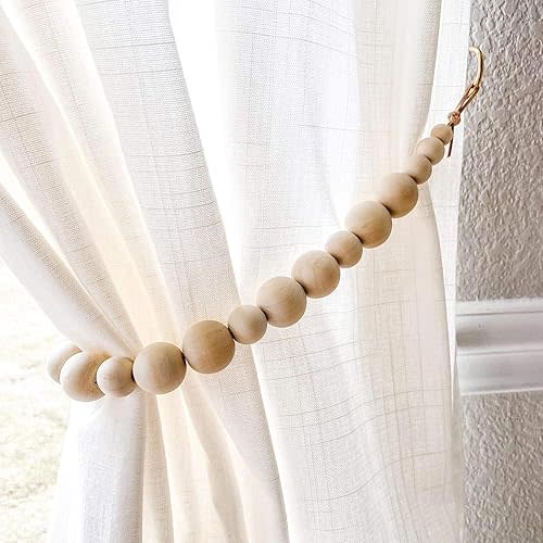 Set of 2 Curtain Tie Backs, Natural Wood Drape Tiebacks, Window Treatment, Farmhouse Garland, Boho Decor Accessories (Primary Color Beads - Khaki Leather Cord)