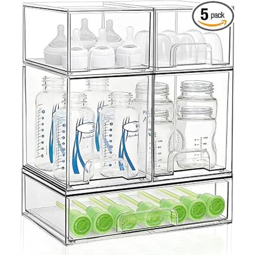 Bottle Storage Organizer Baby: Clear Stackable Storage Drawers, Acrylic Bottles Station Organizer for Countertop, Vanity, Bathroom, Cabinet Organization - 5 Pack