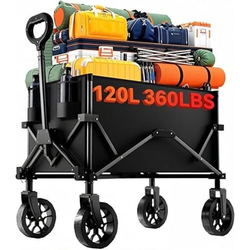 Collapsible Folding Wagon, Wagon Cart Heavy Duty Foldable with Two Drink Holders, Utility Grocery Wagon for Camping Shopping Sports