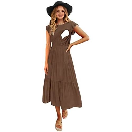 CzzzyL Womens Flutter Short Sleeve Tiered Nursing Dress for Breastfeeding
