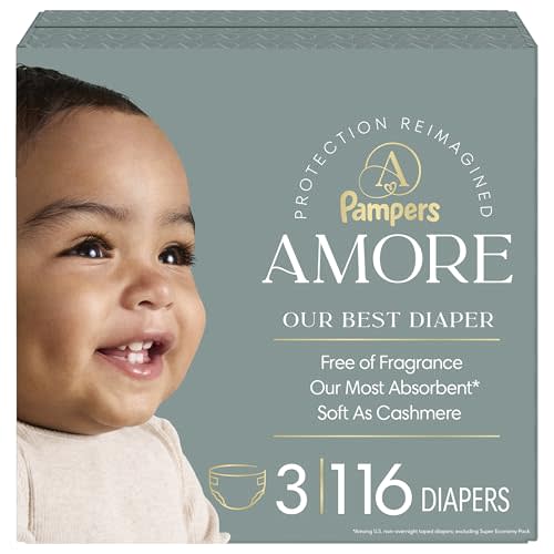 Pampers Amore, Size 3 (13-26 lbs), 116 Count, Our Best Diaper – Hypoallergenic & Fragrance Free, Up to 100% Leakproof, Soft as Cashmere