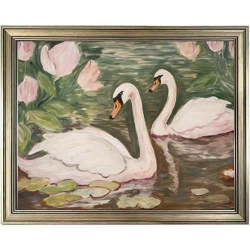 Swan Wall Art Vintage Framed Animal Wall Decor Pink and Green Girls Room Decor Girly Office Canvas Print Painting Home Artwork