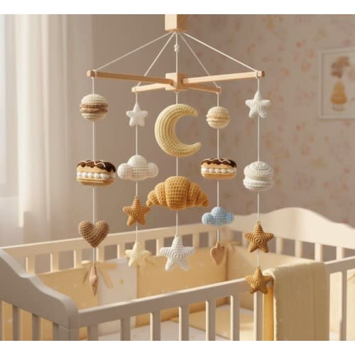 French Patisserie Crochet Baby Mobile Nursery Decor Macaron Cupcake Croissant Pastry Amigurumi Crib Toy