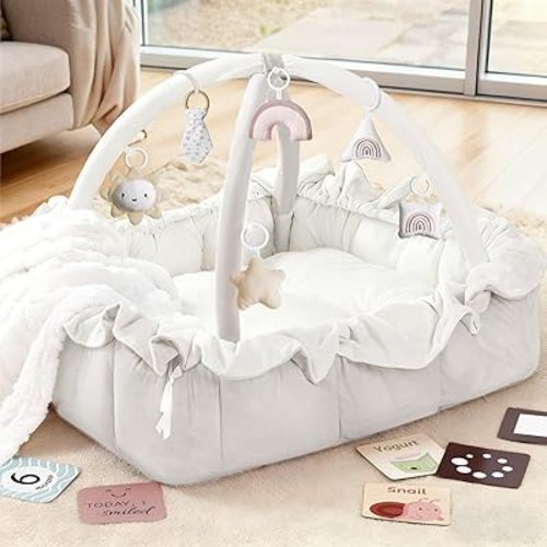 Mallify 5-in-1 Plush Baby Play Gym, Baby Play Mat, Convertible Baby Gym with Blanket and 6 Toys, Tummy time mat, Baby Activity Center from Newborn to Toddler,Baby Gym,Ball Pit,Newborn Essentials,White