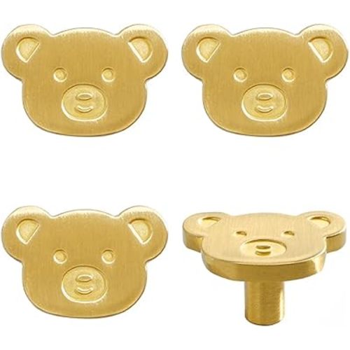 4Pcs Cute Brass Knobs for Kids, Children's Room Nursery Drawer Cupboard Handles for Boys and Girls (Bear, Size: 1.5" L x 1" W)