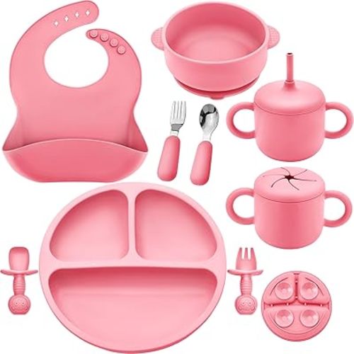 Silicone Baby Feeding Set, Baby Led Weaning Supplies, Eating Essentials Utensils with Suction Plate and Bowl, Pocket Bib, Sippy Cup with Lid, Forks Spoons Snack Container, for 6+ Months, Pink