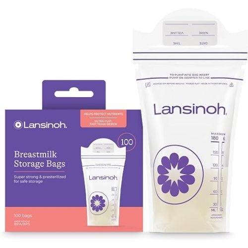 Lansinoh Breastmilk Storage Bags, 100 Count, Baby Essentials, Fast Freeze & Thaw Breast Milk Bags for Baby Bottle Feeding, Strength & Stretch, 6 Ounce | Leak-Proof, Fast Freeze & Thaw Breast Milk Bags for Baby Bottle Feeding, Strength & Stretch