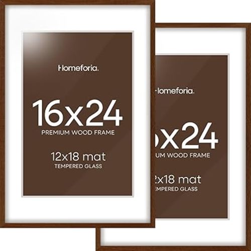 Homeforia Walnut Picture Frame 16x24, High End Dark Oak 16x24 Brown Wooden Frames with Mat 12x18, 16 x 24 Wood Poster Frame Matted to 12 by 18, 24x16 Hanging Frames, Tempered Glass, Wall Kit, Set of 2