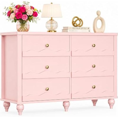 Besiost Scalloped Storage Cabinet with Drawers, Modern Accent Sideboard with Decorative Legs, Multi-Purpose Organizer Unit for Living Room, Hallway, Office, 43.3" Wide (Pink)