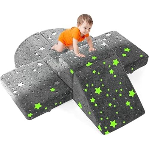 Toddler Climbing Toys Indoor, 5PCS Baby Toddler Foam Climbing Blocks, Ideal Crawling Exploration Soft Play Set For Toddlers 1-3, Baby Foam Play Climbing Gym, Glowing Star Climbing Toys for 1 Year Old