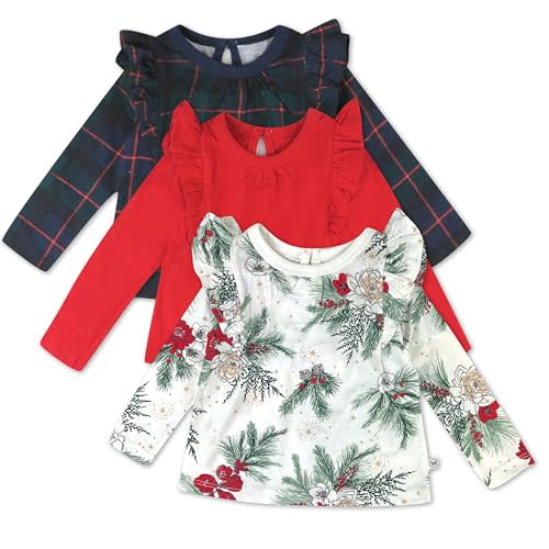 HonestBaby Baby-Girls 3 Pack Long Sleeve Ruffle T-Shirts 100% Organic Cotton for Toddler, Baby Girls