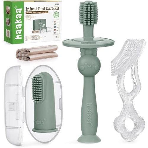 haakaa Training Toothbrush Set Oral Care Kit, Soft Silicone Toothbrush for Baby, Infants, Toddlers & Kids, Pea Green