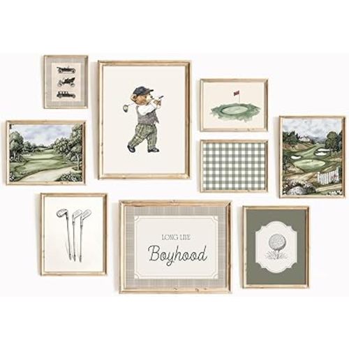 Vintage Sports Nursery Wall Art Decor Teddy Bear Golf Prints Baby Toddler Boy Room Canvas Wall Decor Bear Nursery Pictures Sport Animal Pictures Vintage Golf Artwork for Bedroom 8x10x9 Inch Unframed