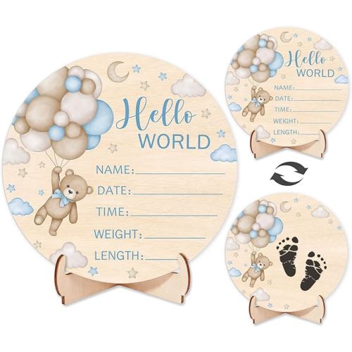 Andrain Double-Sided Wooden Newborn Birth Sign, Blue Bear Baby Announcement Sign, Bear Hello World Name Sign for Hospital, Gift for New Mom Baby Shower, Photography Prop