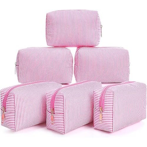 Sanwuta 6 Pcs Seersucker Cosmetic Bags Bulk Seersucker Makeup Bags Stripe Women Pouch Large Preppy Storage Pouch Toiletry Travel Organizer for Wedding Bridesmaid Bride Favor Mom Gift (Pink)