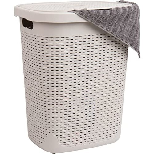 Mind Reader Slim Laundry Hamper with Lid, 50L Clothes Basket, Premium Wicker Design, Plastic, Ivory