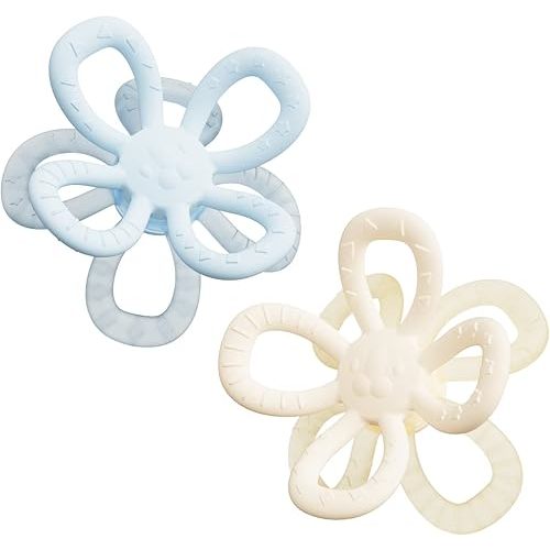 Baby Teething Toys for Babies 0-6 Months, Silicone Flower Teether for Newborn Infants, Sensory Hand Pacifier for Soothing Sore Gums, Sucking Needs Dishwasher Freezer Safe 2 Pack