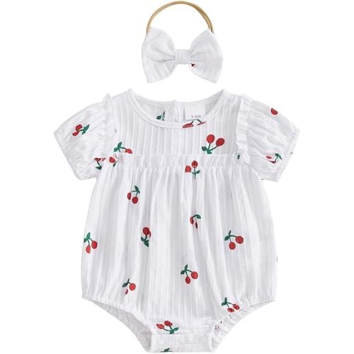 CIYCUIT Baby Girl Cherry Romper Outfit with Headband Newborn Infant Summer Short Sleeve Bubble Bodysuit Clothes