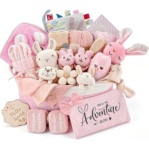 30 Piece Baby Girl Gift Basket, Baby Shower Gifts for Girls, Newborn Essentials Set, Large Baby Girl Gift Set, All-in-One Baby Registry, Swaddle Blanket, Plush, Diaper Caddy Organizer
