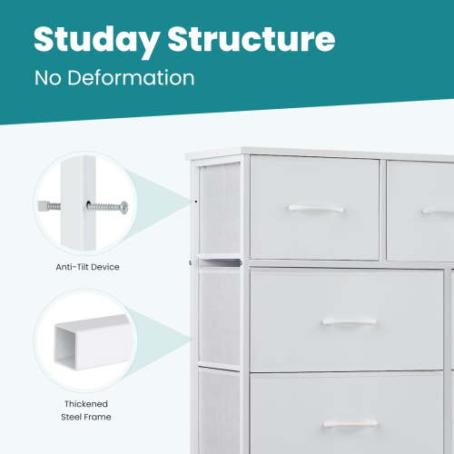 ZUNMOS Fabric Storage Dresser with 9 Drawers, Steel Frame and Wooden Top for Bedroom, Closet and Entryway , White