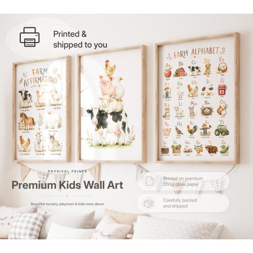 Farm Alphabet Nursery Prints Set of 3, Farm Animals Wall Art, Cow Pig Sheep Affirmations, Farmhouse Kids Room Decor, Printed Posters Gift