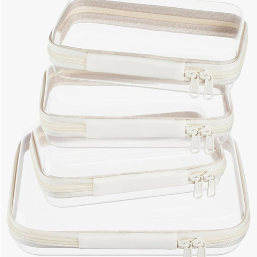 4 pcs Clear Zipper Pouches,Hard Shell Zipper Case, Toiletry Bag for Travel, CLear Diaper Bag, Toiletry Pouch, Travel Organizer, Cosmetic Bag,Toy Storage Bins (M+3S)(Ivory)