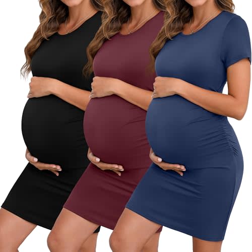 Riyiper 3 Pack Women's Maternity Dresses, Short Sleeve Pregnancy Dress Side Ruched Crew Neck Knee Length Mama Clothes