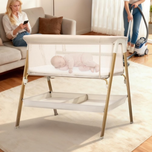 Baby Bassinet, Bedside Bassinet for Baby, Bassinet Bedside Sleeper with Mattress, Storage Basket and 4 Auto-Lock Wheels, Full-Mesh Sides, Bedside Mini Crib for Newborn (Beige)